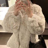 Llyge Korea Chic Lamb Wool Coat Mid-Length Thick Loose Rabbit Fur Plush Fur Coat Stylis Causal Oversized Coat Women