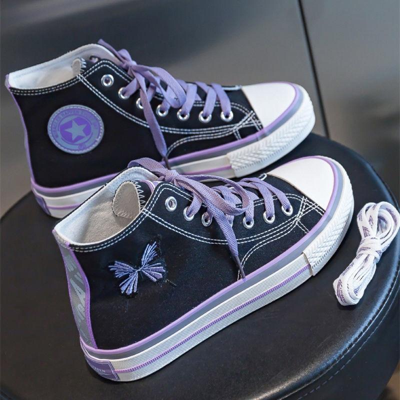 All-match Purple Butterfly Embroidery Ladies Canvas Sneakers Patchwork Canvas Shoes Girls Reflective Black Running Platform Shoe 1115