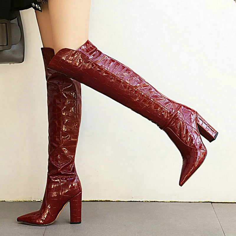 Llyge Black Brown Wine Red White Women Over The Knee Boots Patent PU Leather Women Winter Shoes Fashion Pointed Toe Square Heel Shoes