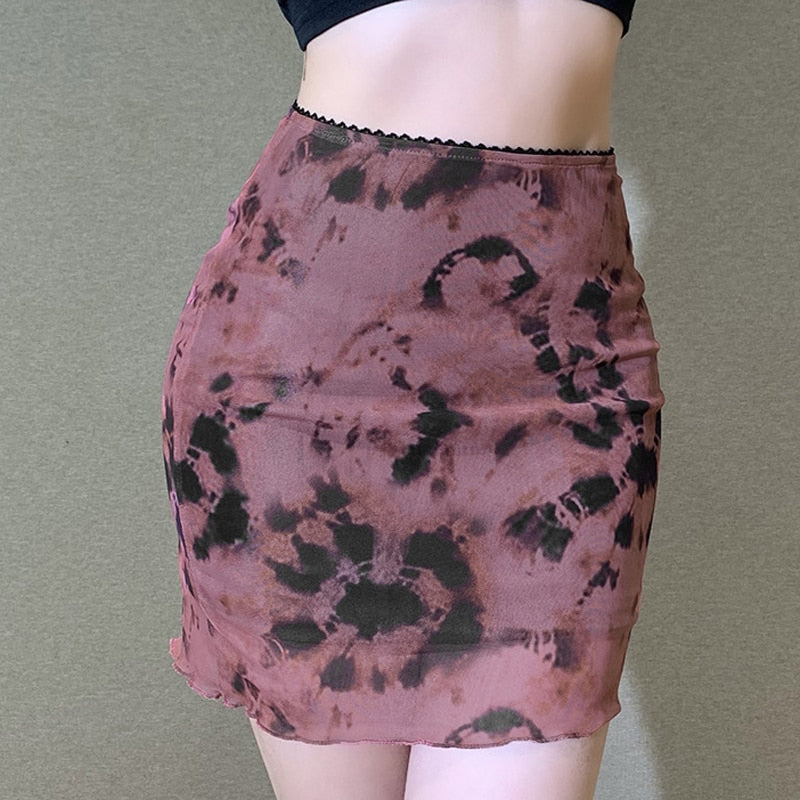 Llyge Vintage Women Skirt Print Floral High Waist Tie Dye Mesh Mini Skirts Ruffles A Line Skirts Street Summer Fashion New