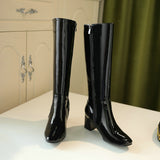 Llyge Patent PU Leather Knee High Boots For Women Comfortable Thick Heel Ladies Boots Side Zipper Women Winter Boots Black Red White