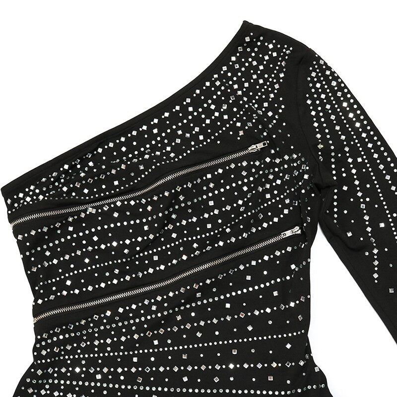 Llyge Glam Black Rhinestones Single Shoulder Zippers Mini Dress Womens Sequins Party Dress Birthday Outfits Clubwear