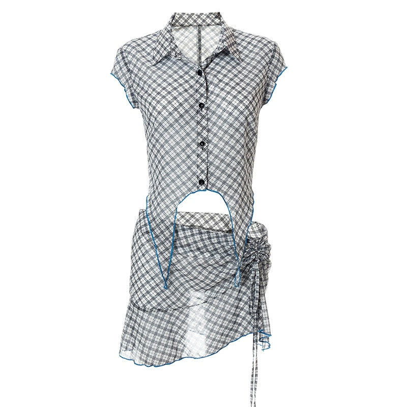 Llyge Gothic Summer  2 Piece Set Streetwear Single Breasted Irregular Tops And Mini Skirts Women Y2K Plaid Print Maching Set