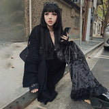 LLYGE  Fashion Patchwork Lace Solid Flare Pants Women Gothic Dark High Waist Loose Trousers 2023 New Street Suede Pants