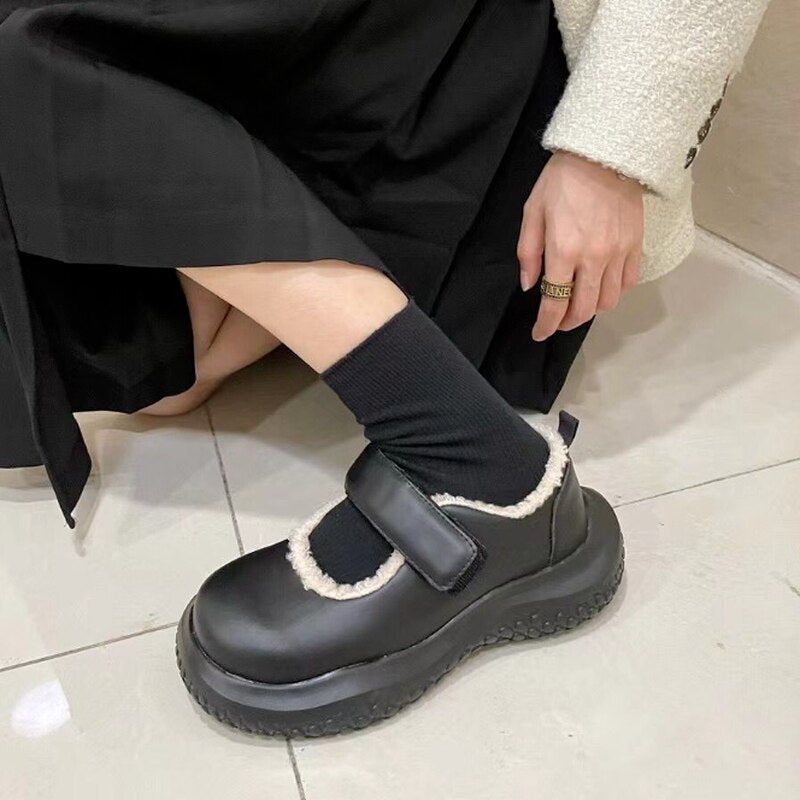 Thick-soled Mary Jane Cotton Shoes 2022 New Fashion Autumn Velcro British Plus Velvet Warm Small Leather Shoes Women Causal