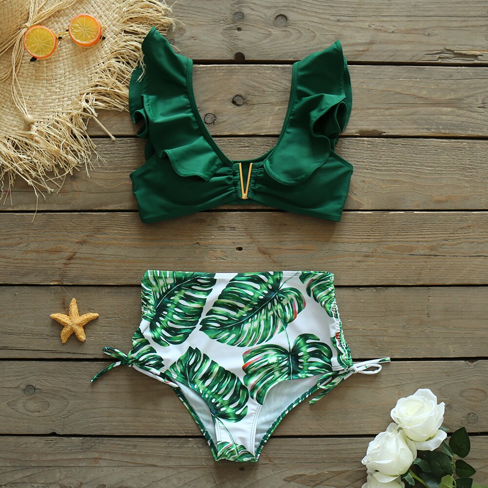 Llyge 2023 New  High Waist Ruffle Bikini Set Swimwear Women Swimsuit Print Leaves  Floral Beachwear V-neck Bathing Suit Biquini