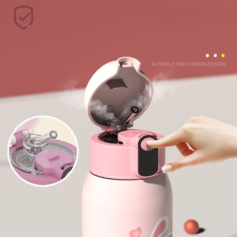 Llyge  2023  600ML 316 Stainless Steel Kids Vacuum Flask With Straw Double Lid Cute Thermos Cup Outdoor Portable Tumbler Kawaii Water Bottle