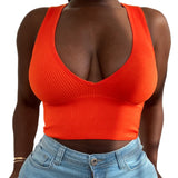 LLYGE Women Summer Sports Vest Solid Color Straps Ribbed Crop Tops Casual Slim Fit V-Neck Low Cut Sleeveless Tank Tops