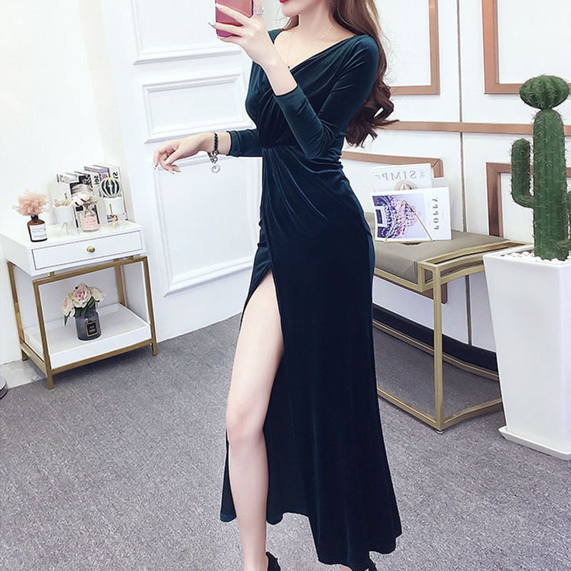llyge2023  Velvet Maxi Dress Women Spring Solid V-Neck Thin Split High Waist Dresses Ladies Korean Fashion  Clothing Free Shipping