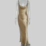 LLYGE  Spaghetti Strap Backless Summer Dress Women Satin Lace Up Trumpet Long Dress Elegant Bodycon Party Dresses 2023