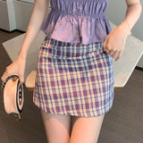 Llyge Women Mini Skirt A Line Purple Plaid Skirt Female High Waist Bag Hip Short Skirt Korean Street Wear Fashion Summer New