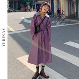 Llyge Autumn Winter Long Leather Trench Coat Women Belt Loose Purple Jacket Korean Style Fashion Turn-Down Neck Windbreaker