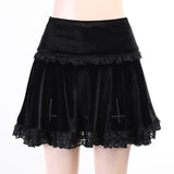 LLYGE Goth Cross Black Skirt Vintage Lace Trim A Line Mini Skirt Gothic Grunge Y2K High Waist Ruffle Summer Skirt Women 2023