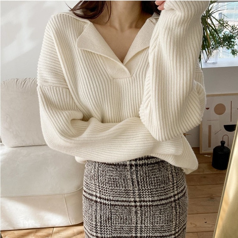 Llyge Autumn Winter Polo Collar Loose Thick Sweater Pullovers Women 2022 Elegant Lazy Oaf Soft Cashmere V-Neck Simple Basic Jumpers