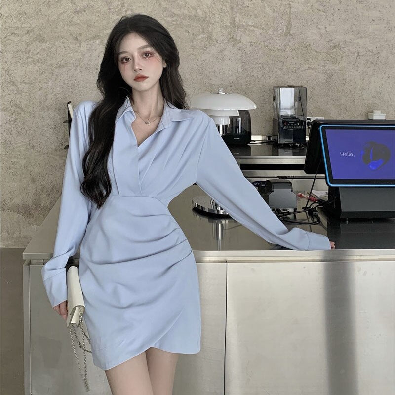 Llyge  2023 Autumn New Ladies Thin Folds  Long sleeve Dresses Korean Women Temperament Office Luxury Evening Mini Dress Light blue