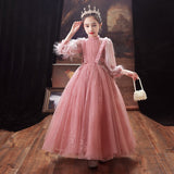 Llyge 2023 Pink Flower Girl Dress For Wedding Tulle Lace Long Girl Dress Elegant O-Neck Long Sleeve Princess Dress Children's Ball Gowns