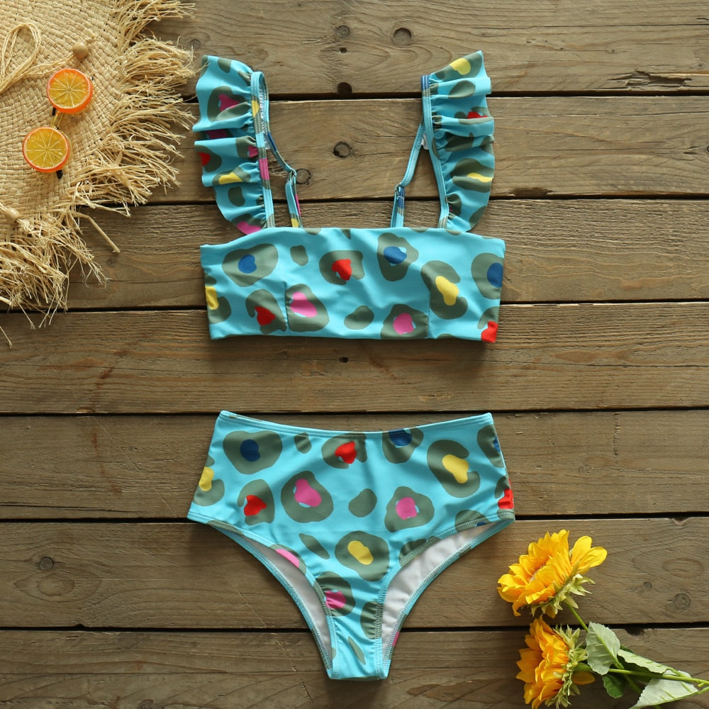 Llyge 2022 New Net yarn Ruffle Bikini Sets Beach Cover Up Leopard Print Floral Swimwear Women Swimsuit Beachwear Bathing Suit