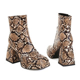 Llyge 2022 Women Ankle Boots Platform Thick High Heel Ladies Short Boots PU Leather Snake Print Square Toe Zipper Women's Boots Brown