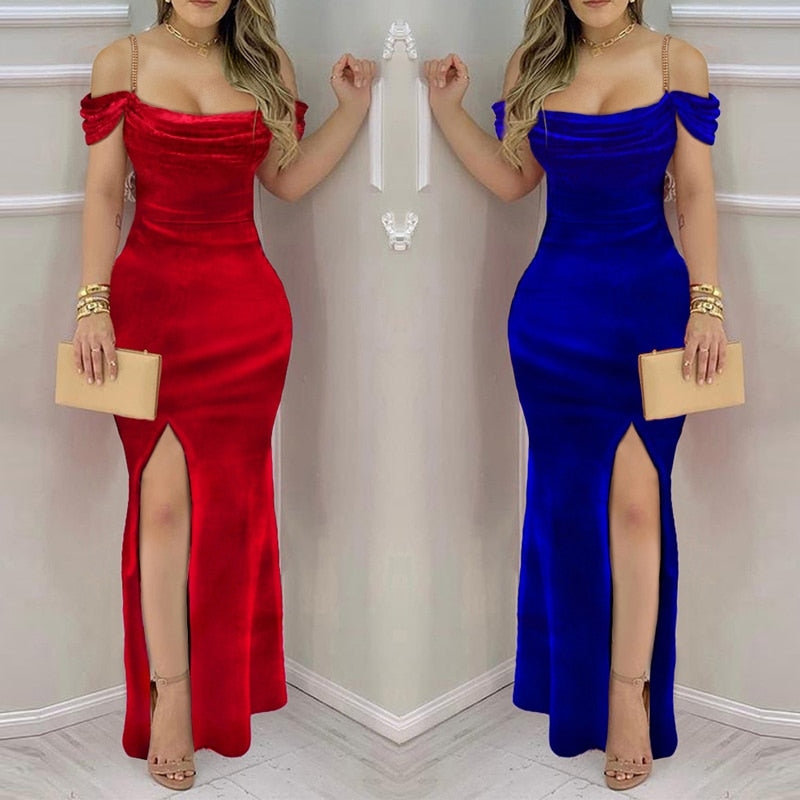 Llyge  Women Formal Red Party Long Dress 2023 Fashion Velvet Chain Strap Split Thigh Short Sleeve Solid Dress Roupas Femininas Vestidos