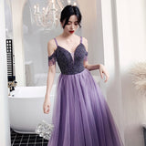 Llyge 2023 Fantasy Starry Purple Evening Dresses Tassel Sleeves V Neck Spaghetti Straps Beadings A-Line Banquet Gowns Female Party Robes