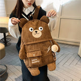 Llyge Japanese Corduroy Bear Backpacks For Cute Women Multi-Pockets School Bags Large Capacity Backpack Teenger Girls Schoolbag Female