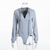 LLYGE  Deep V-Neck Hooded Bodysuit Women 2022 Long Sleeve Drawstring Jumpsuit Casual Solid Fashion Street Female Body Suit