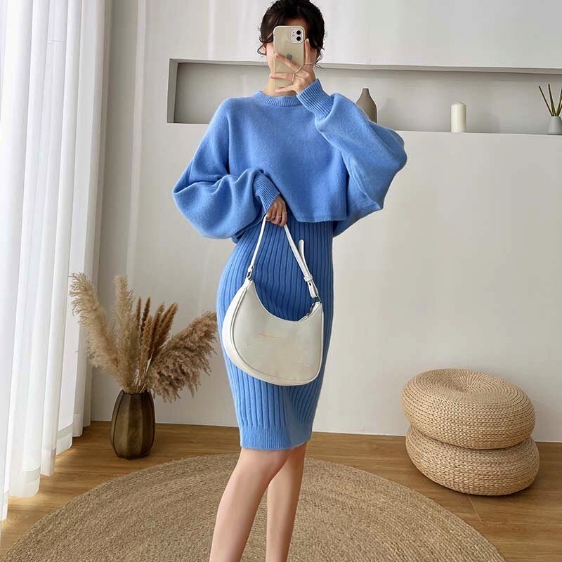 Spring  Knitted Sweater Batwing Sleeve Two Piece Set Women Fashion Warm Sweater Pullover Dress Femme Clothes
