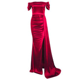 Graduation Prom Llyge New Women Off the Shoulder Fashion Burgundy Prom Gown Satin Stretch Backless Ruched Ribbon Slit Maxi Evening Party Dress 2023
