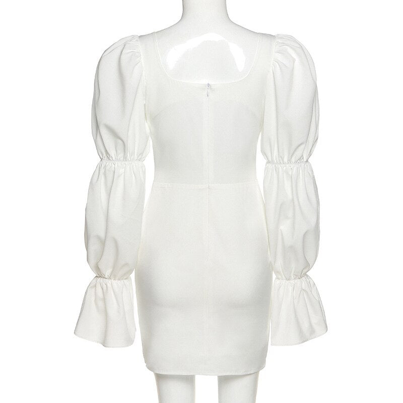 Llyge 2023 White High Waist Dress Female Bubble Sleeve Square Neck Dress Long Sleeve Casual Y2k Dress Fashion Slim Mini Dress Romance Club