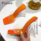 LLYGE 2023 Summer New  PVC Transparent Triangle High Heels Ladies Slippers Concise Square Toe Women Jelly Shoes Orange