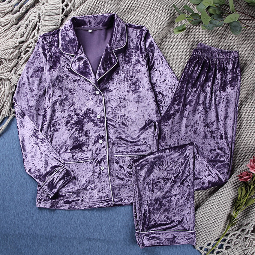 Llyge Purple Velvet Women Pajamas Long Sleeve Home Suit Sleepwear Warm Double Pockets Lounge Wear Casual Female Set Autumn