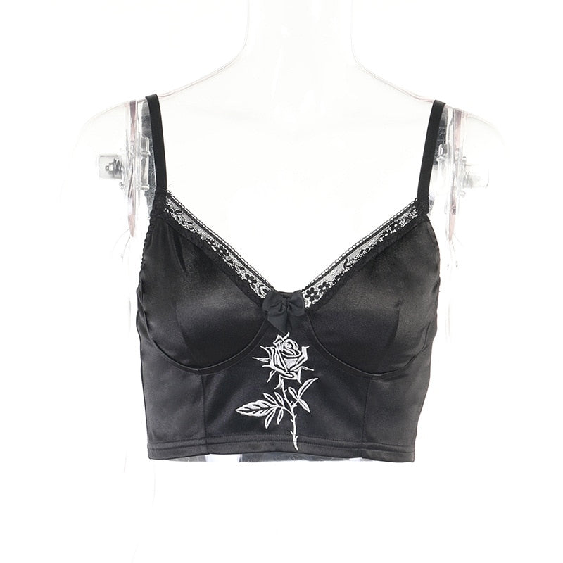 LLYGE Gothic Aesthetic Women Satin  Camis Grunge Black Punk Bodycon Crop Tops Lace Trim Embroidery Backless Alt Clothes