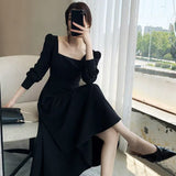 Llyge 2023 Black Hepburn Dress Women's Fall New High Waist Thin French Square Collar Long Sleeve Little Black Dress