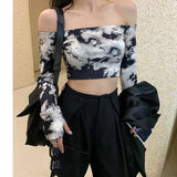 Llyge Slim T Shirt Women Tie Dye Print Long Sleeve Crop Top Off Shoulder Slash Neck Korean Streetwear Skinny