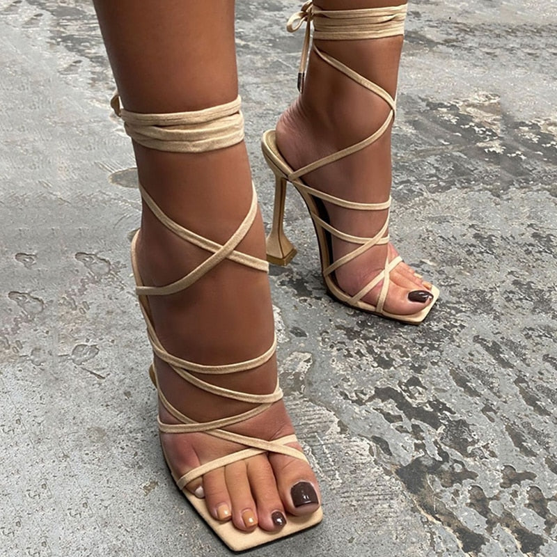 LLYGE New Summer  Lace Up Women Sandals Square Toe Spike Heel Cross Tied Party Shoes High Heels Pumps Big Size 35-41