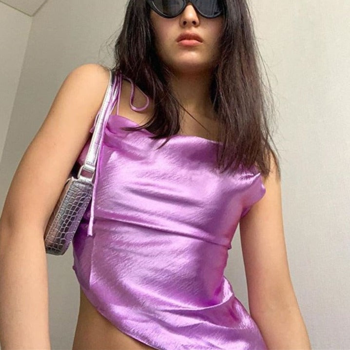 LLYGE Satin Asymmetric Sheer Lace Up Bustier Top Women Summer Backless  Camis Female Elegant Purple Streetwear Vest Tee