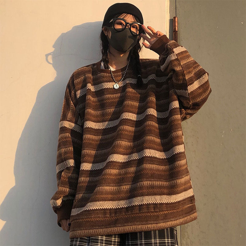 Llyge Pullovers Women Loose Ulzzang BF Unisex Couples Japanese Striped Knit Sweater Hip Hop Female New Winter Fashion Retro Knit XL