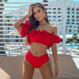 Llyge 2023  New  High Waist Bikini Set Ruffle Swimwear Women Solid Red Swimsuit Flounce  Shoulder Bathing Suit Beach Wear biquini