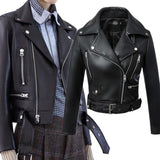 Llyge New Women Black Faux Leather Jacket Autumn Winter Short Soft Pu Leather Jackets Belt Zipper Moto Biker Coat