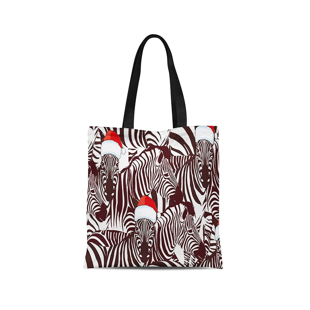 New Zebra Pattern Canvas Tote Bag With Zipper Female Shopping Shoulder Bag School Bag Reusable Grocery Bag Eco Large-capacity