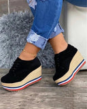 Llyge Vulcanize Shoes Women Sneakers Ladies Solid Color Wedge Thick Shoes Round Toe Lace-Up Comfortable Platform Sneakers 2023 Fashion