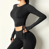 Llyge 2023 Women Push-up Yoga Pullover Fitness Sport wear Double Lace Up Gym Shirt Long Sleeve Workout Running Crop Top