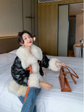 Llyge Winter Patchwork Jacket Women 90% White Duck Down Coat Female Faux Fur Jacket Women's Double-Faced Fur Coats 2022