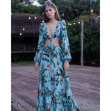Llyge 2023 Beach Dress Summer Floral Swimsuit Print Belt Bathing Suit Women Long Cover Up Off Shoulder Beachwear Bandeau Halt Swimsuit