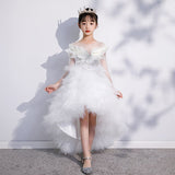 Llyge 2023 Fashion 3D Wing Tiered Flower Girl Dresses For Wedding Kids Sequined Beadings Short Front Long Back Piano Walk Show Clothing