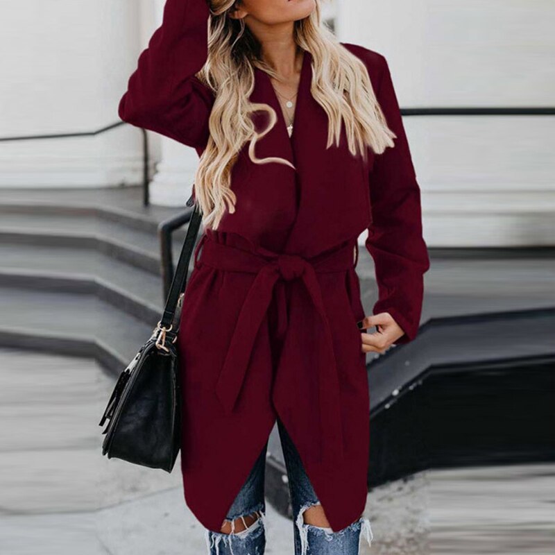 Llyge Women Elegant Lace-Up Belt Long Sleeve Coat Casual Fashion Slim All-Match Overcoat Fall/Winter New Lapel Solid Color Wool Jacket