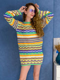 LLYGE Back To School  Elegant Multi Color Crochet Knitted Mini Dress Women Summer Long Sleeve Hollow Out Festival Holiday Dress Fashion Vestido