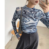 Back to School Tie Dye Blue Mesh Top Long Sleeve T Shirt Women Turtleneck See Through Tshirt Designer Y2k Fashion 2023 Spring Autumn