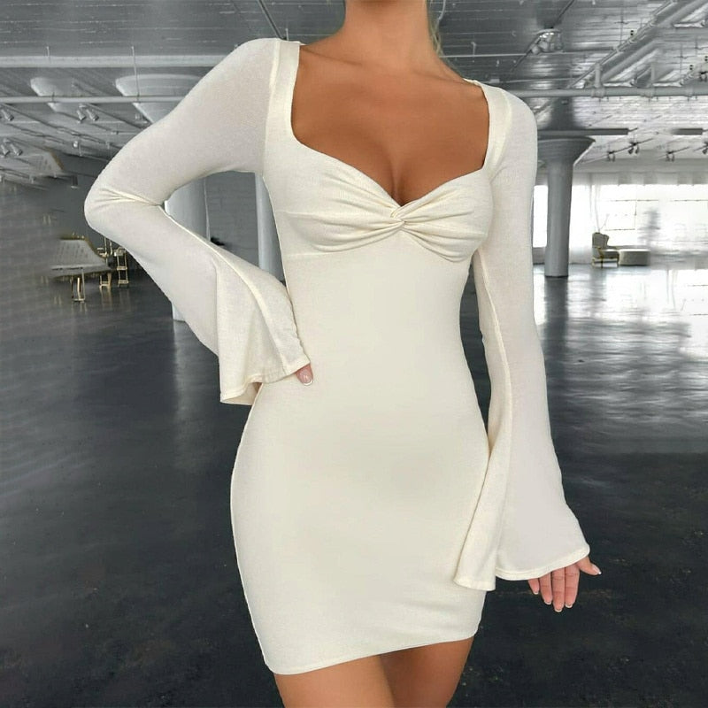 LLYGE  Women Flare Sleeve Mini Bodycon Dresses 2022 Autumn Square Neck Solid Slim Party Dress Female Vestido Streetwear