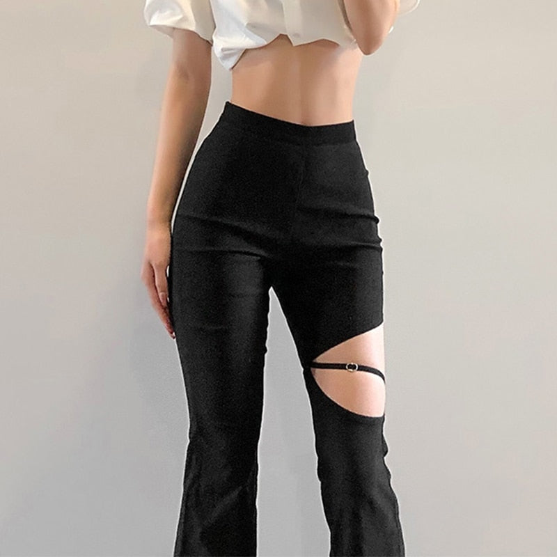 Llyge  Graduation party  Punk Black Women Flare Pants Gothic Y2K Solid Elastic High Waist Joggers Casual Streetwear Hollow Out Trousers